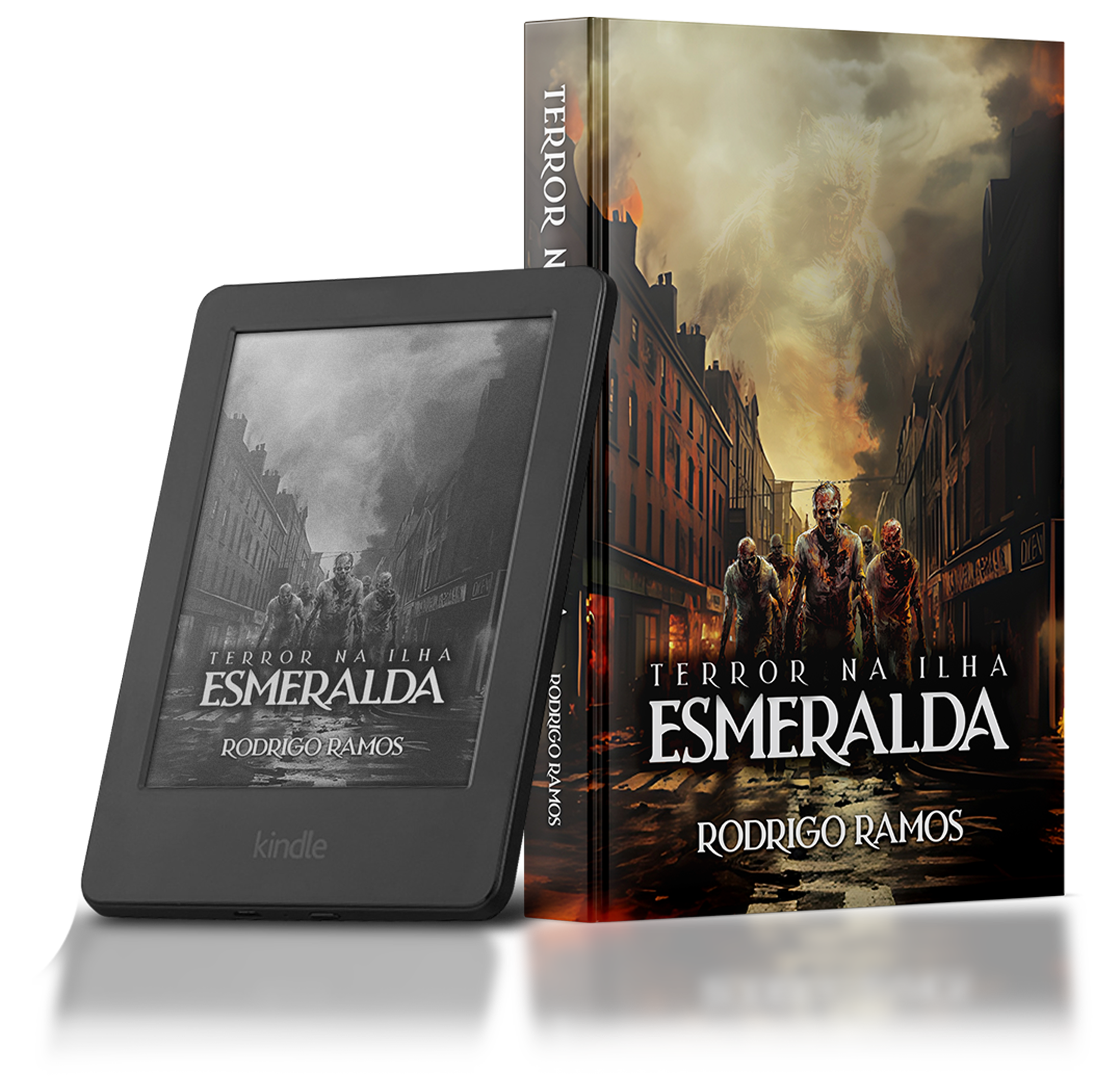 Livro físico e Kindle de Terror na Ilha Esmeralda